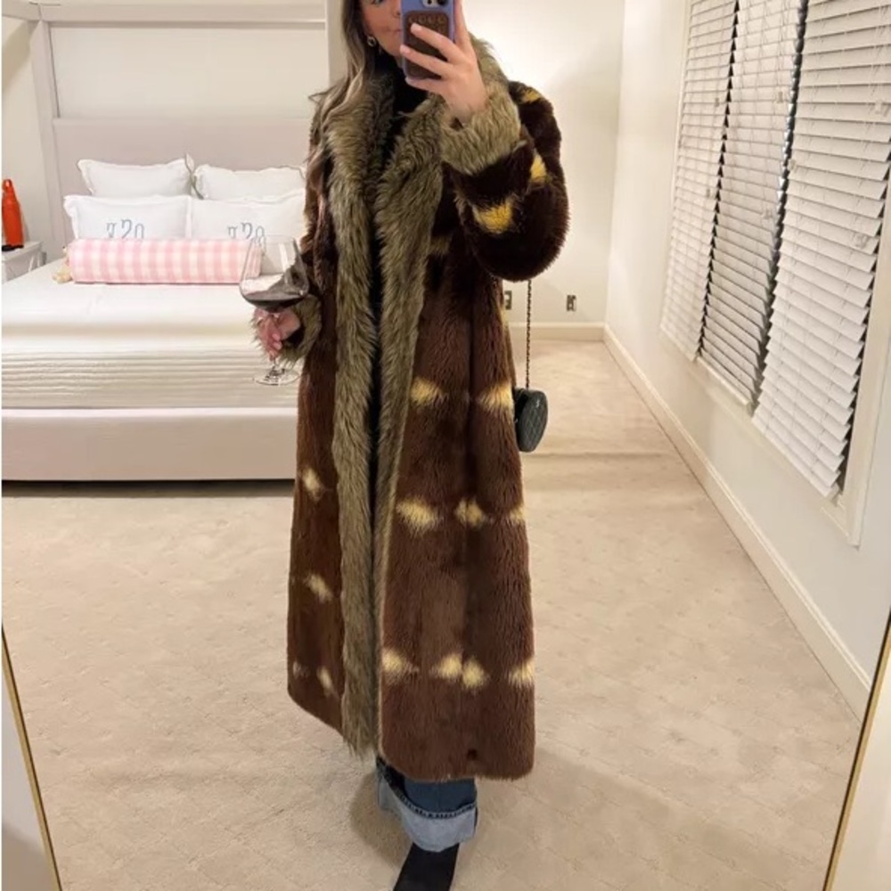 Silence + Noise Brown and Tan Faux Fur Trench Coat